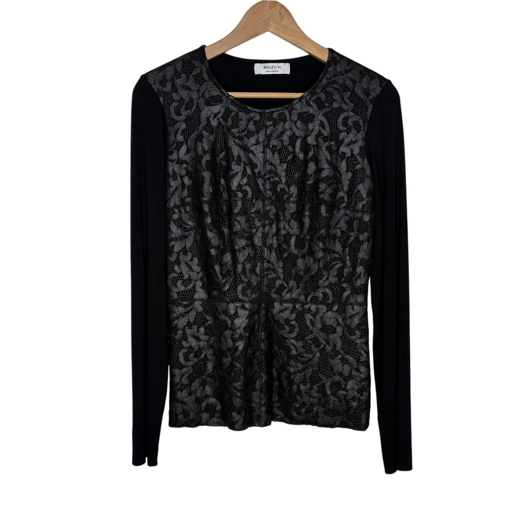 Bailey 44 Womens Faux Leather Lace Top Size Large Black‎ Long Sleeve Made in USA